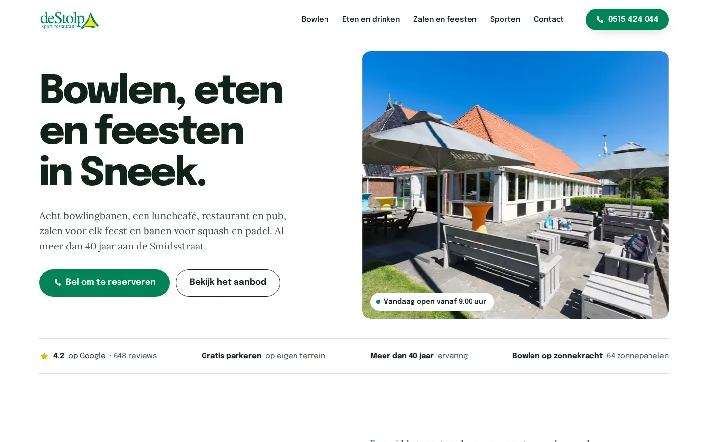 Voorstel A: lichte site met grote kop, terrasfoto en groene belknop