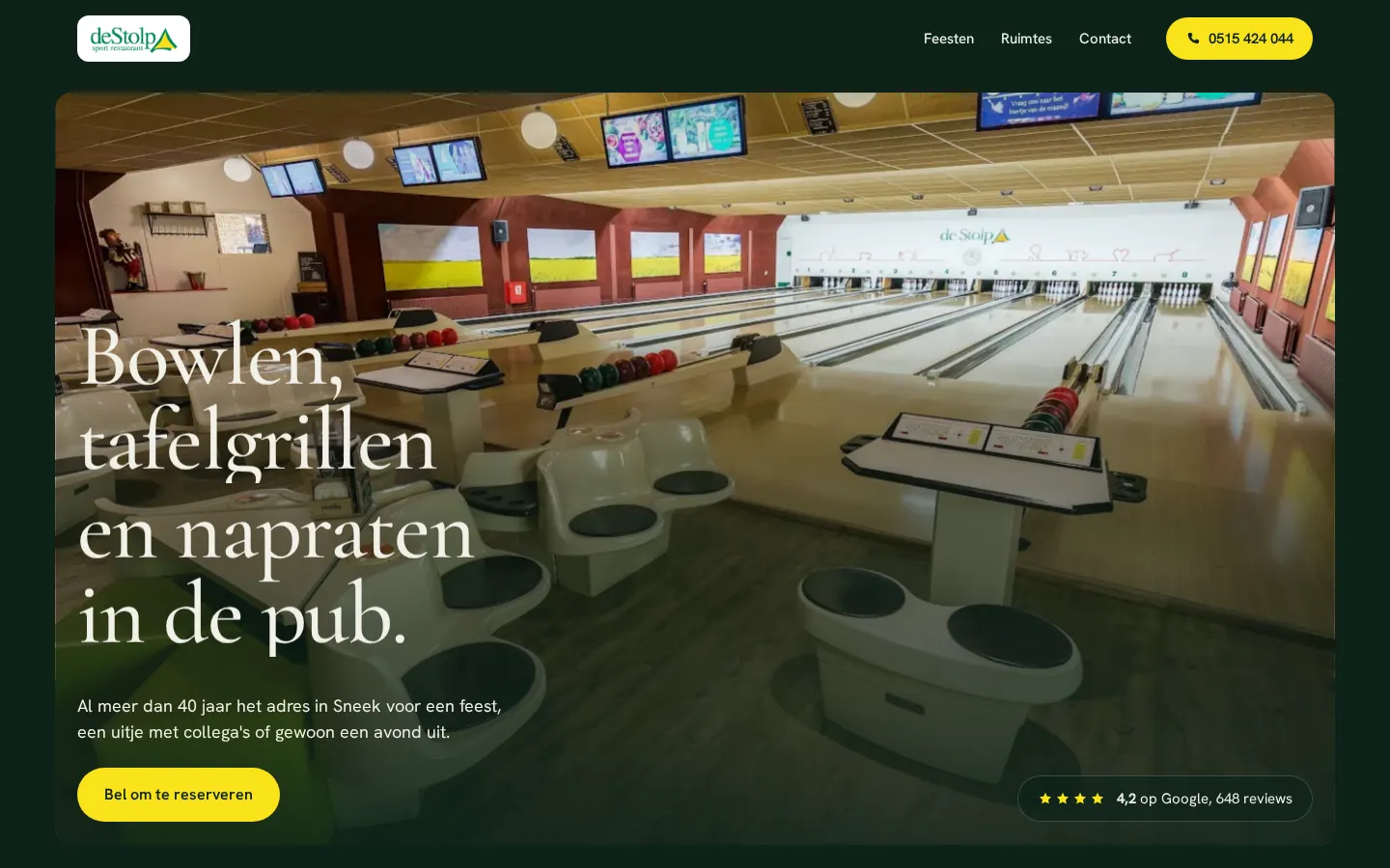 Voorstel B: donkergroene site met de bowlingbanen paginabreed in beeld