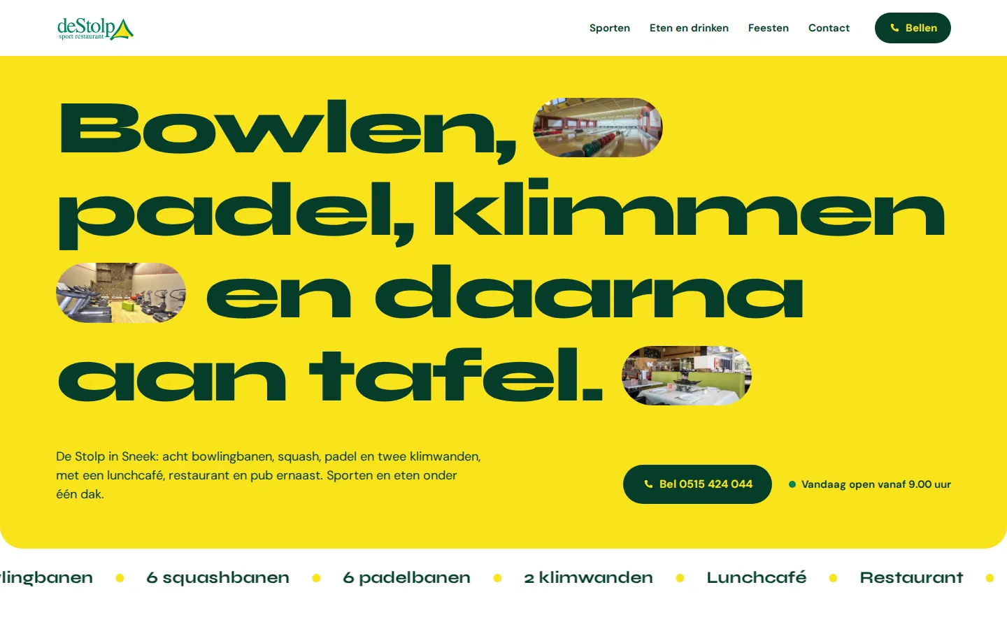 Voorstel C: gele site met een grote kop waarin foto's van bowlen, klimmen en eten staan