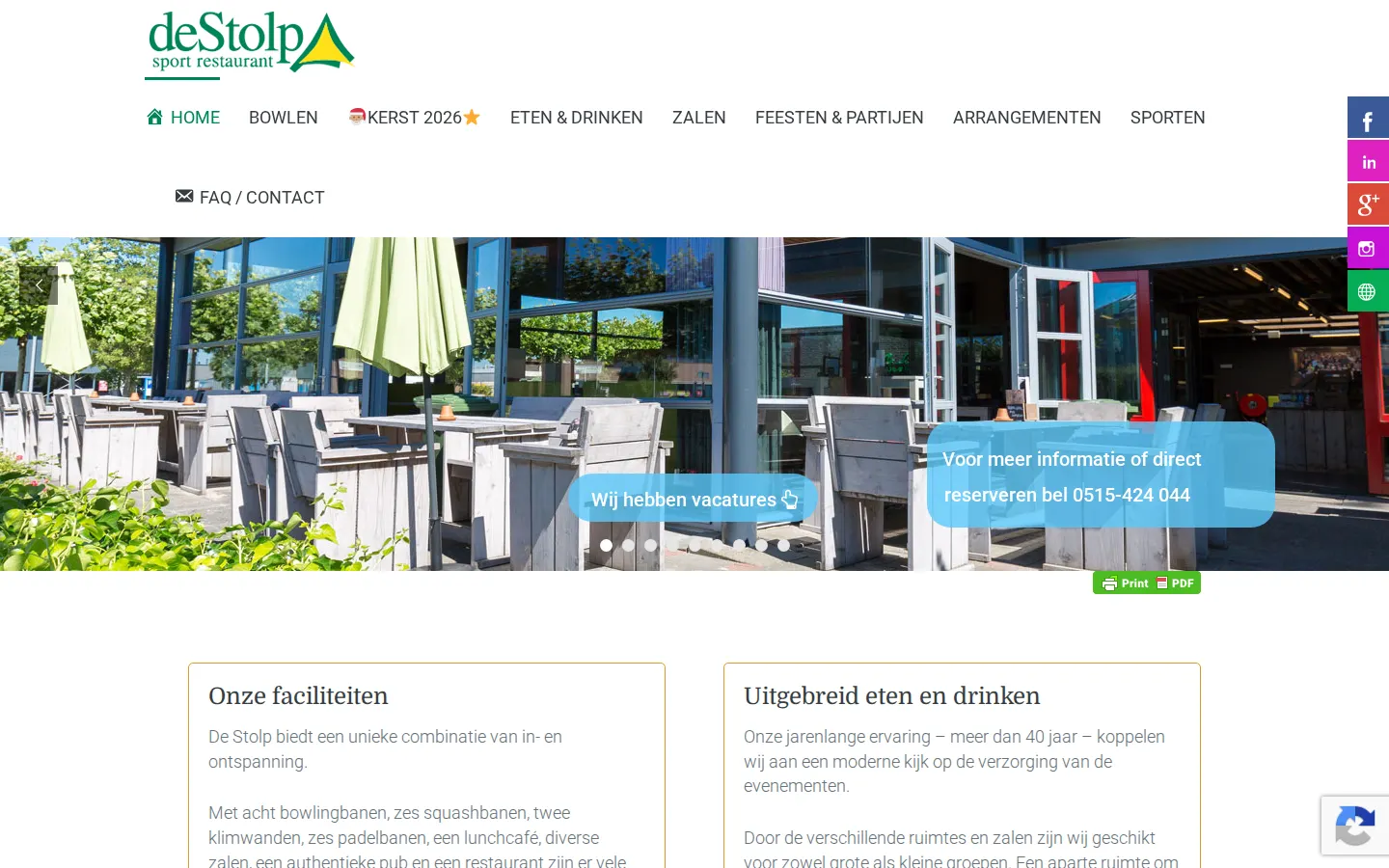 De huidige website van De Stolp op een laptop: logo, twee regels menu en een slider met terrasfoto