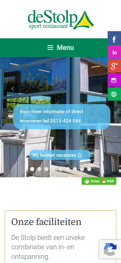 De huidige website van De Stolp op een telefoon, met social-knoppen over de foto